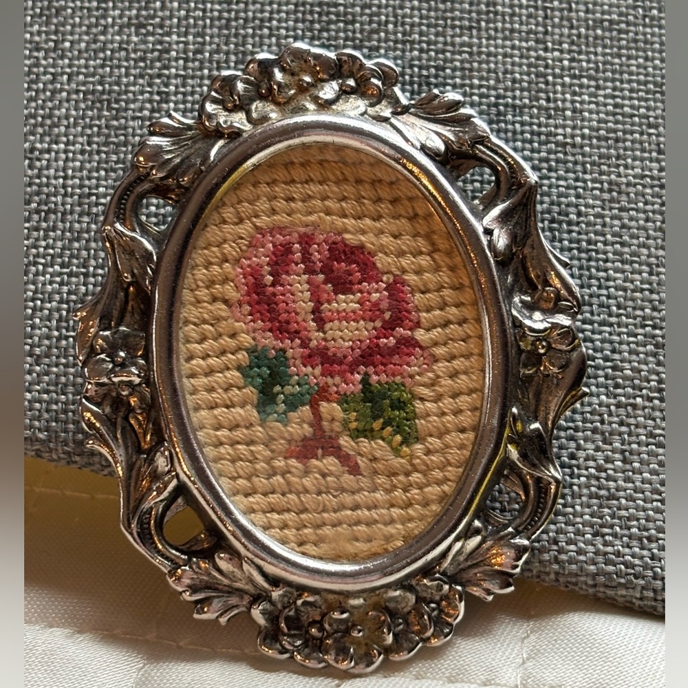 Vintage Flower Petit Point  Embroidery Brooch Gold Tone Boho Jewelry Rose